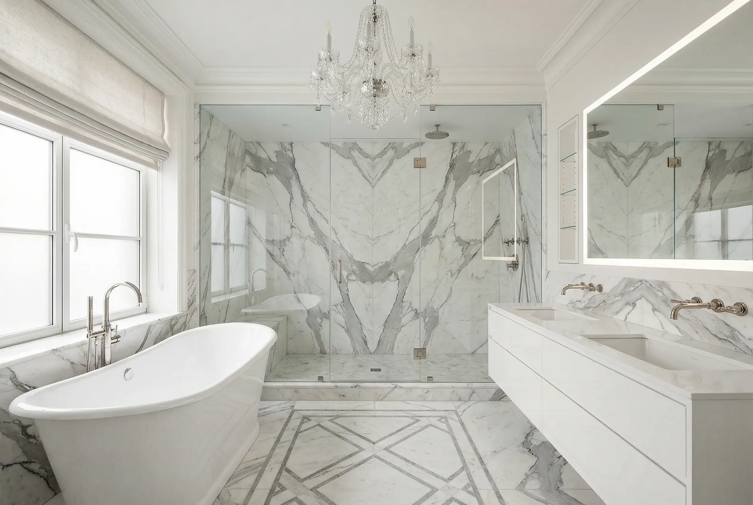 Elegant pre-war Manhattan co-op bathroom renovation with marble walls and freestanding tub after alteration agreement approval