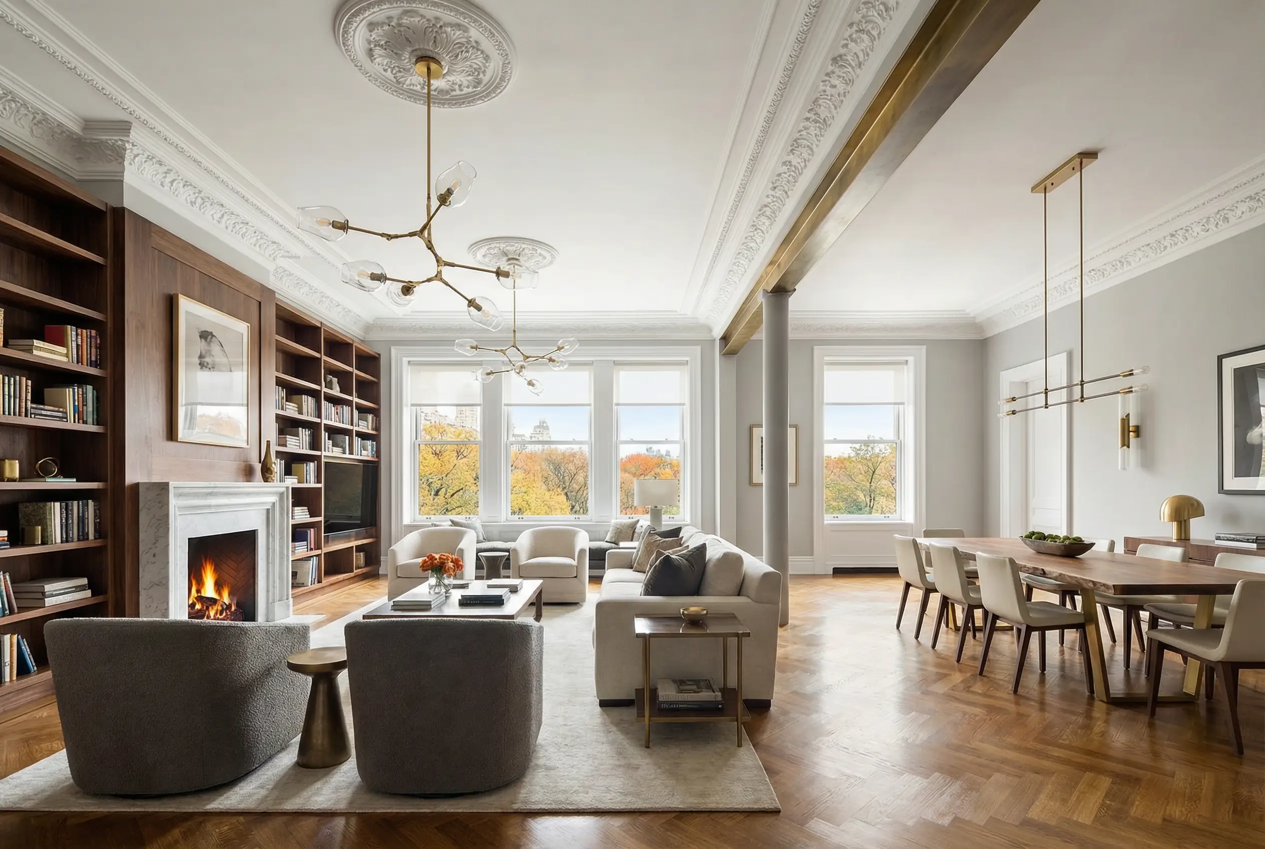 Open-concept Manhattan co-op living room renovation with restored details and structural wall removal after board approval