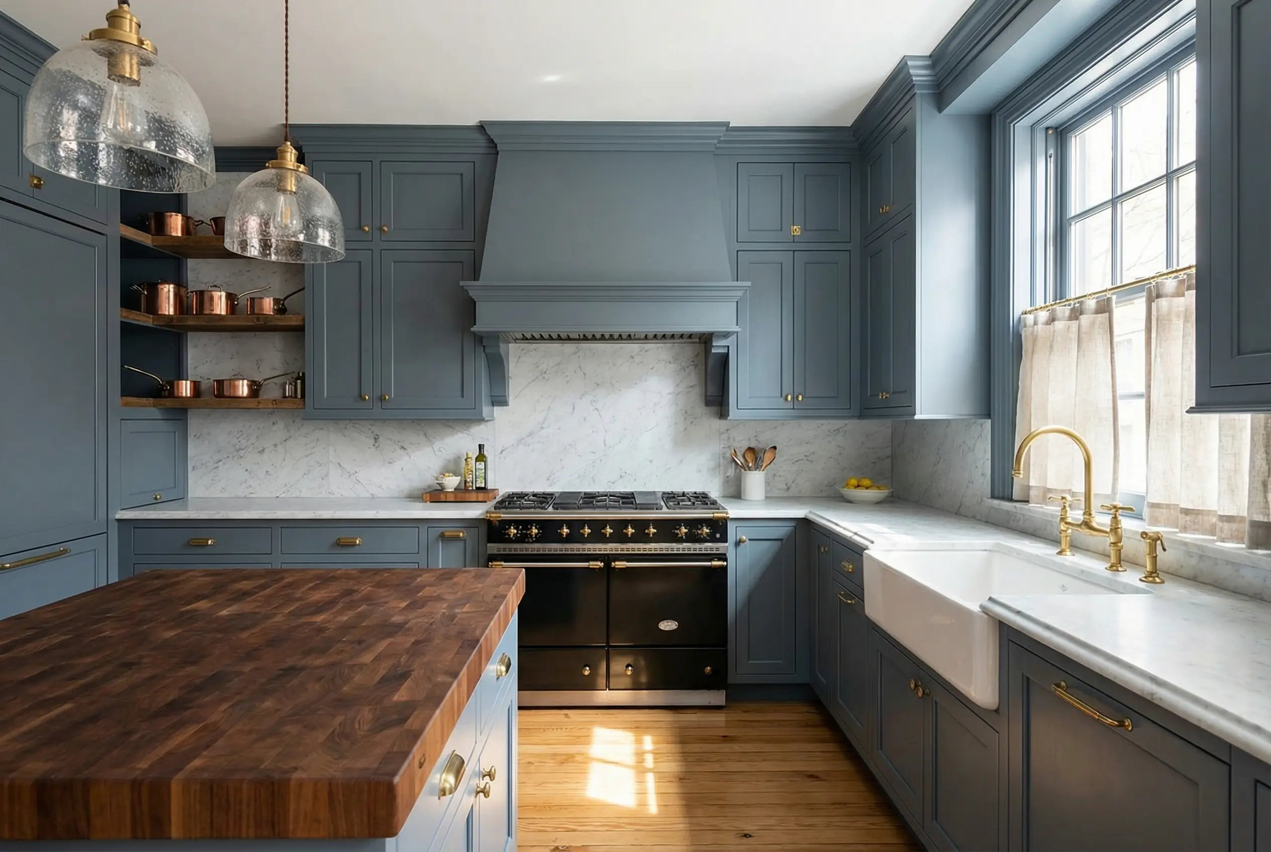 West Village co-op kitchen renovation with custom blue cabinetry and professional range after gas line approval