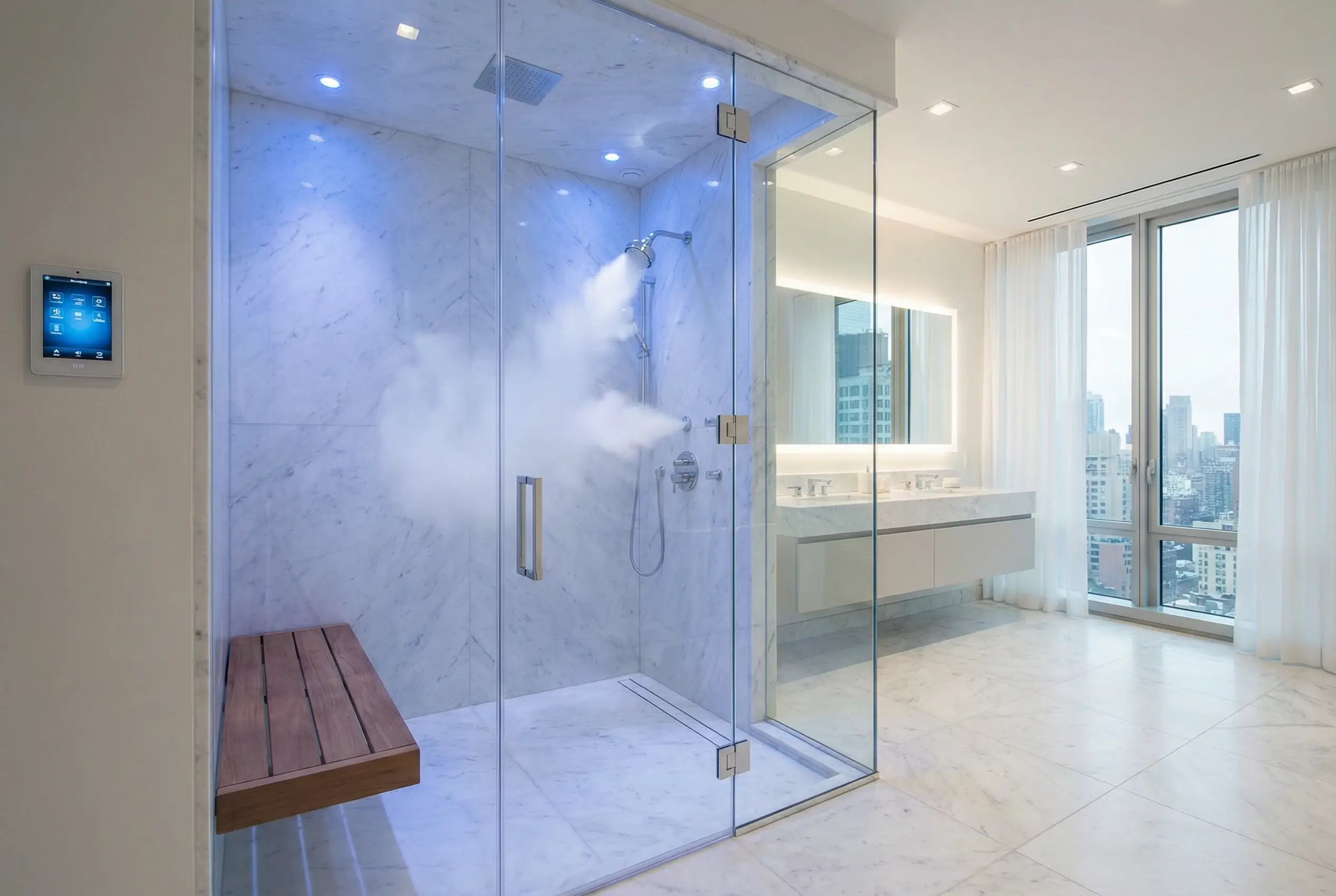 Manhattan spa bathroom with frameless glass steam shower, blue chromotherapy lighting, white marble walls, and teak bench with aromatherapy steam