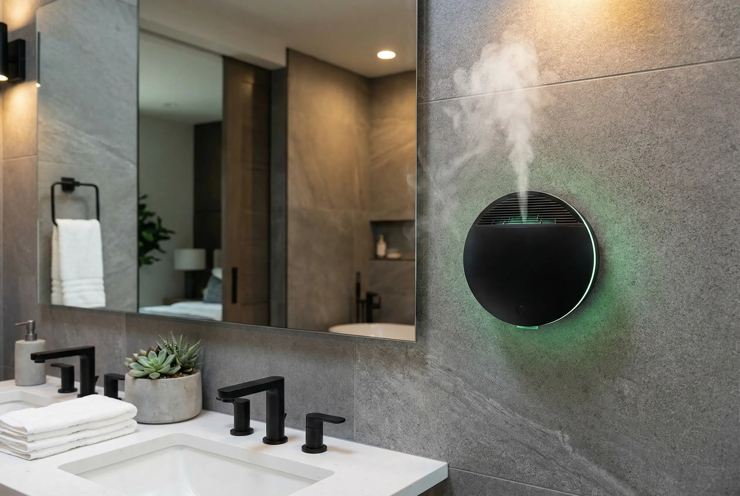 Matte black wall-mounted ultrasonic diffuser releasing aromatic mist in modern bathroom with gray tile and white quartz countertop