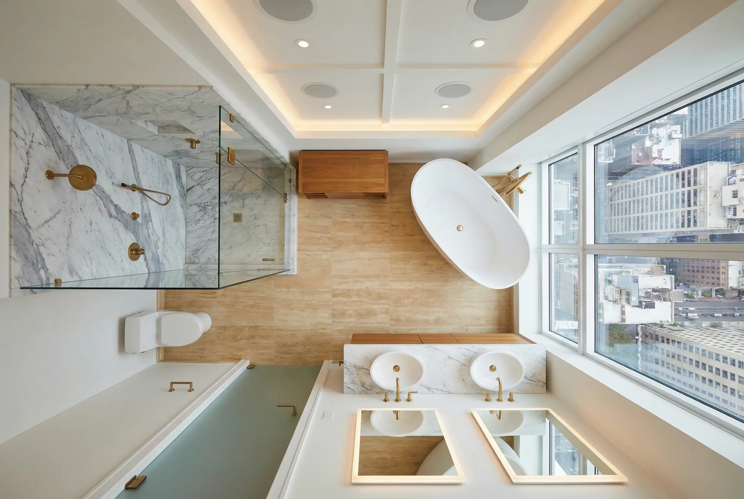 Overhead view of luxury wellness bathroom with corner steam shower, freestanding tub, dual vanity, and integrated aromatherapy ceiling diffusers
