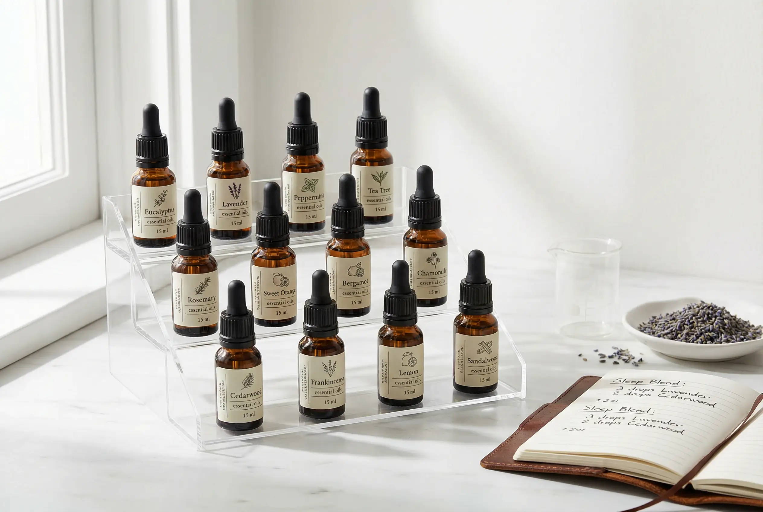 Curated essential oils in amber bottles on marble including eucalyptus, lavender, peppermint for steam shower aromatherapy