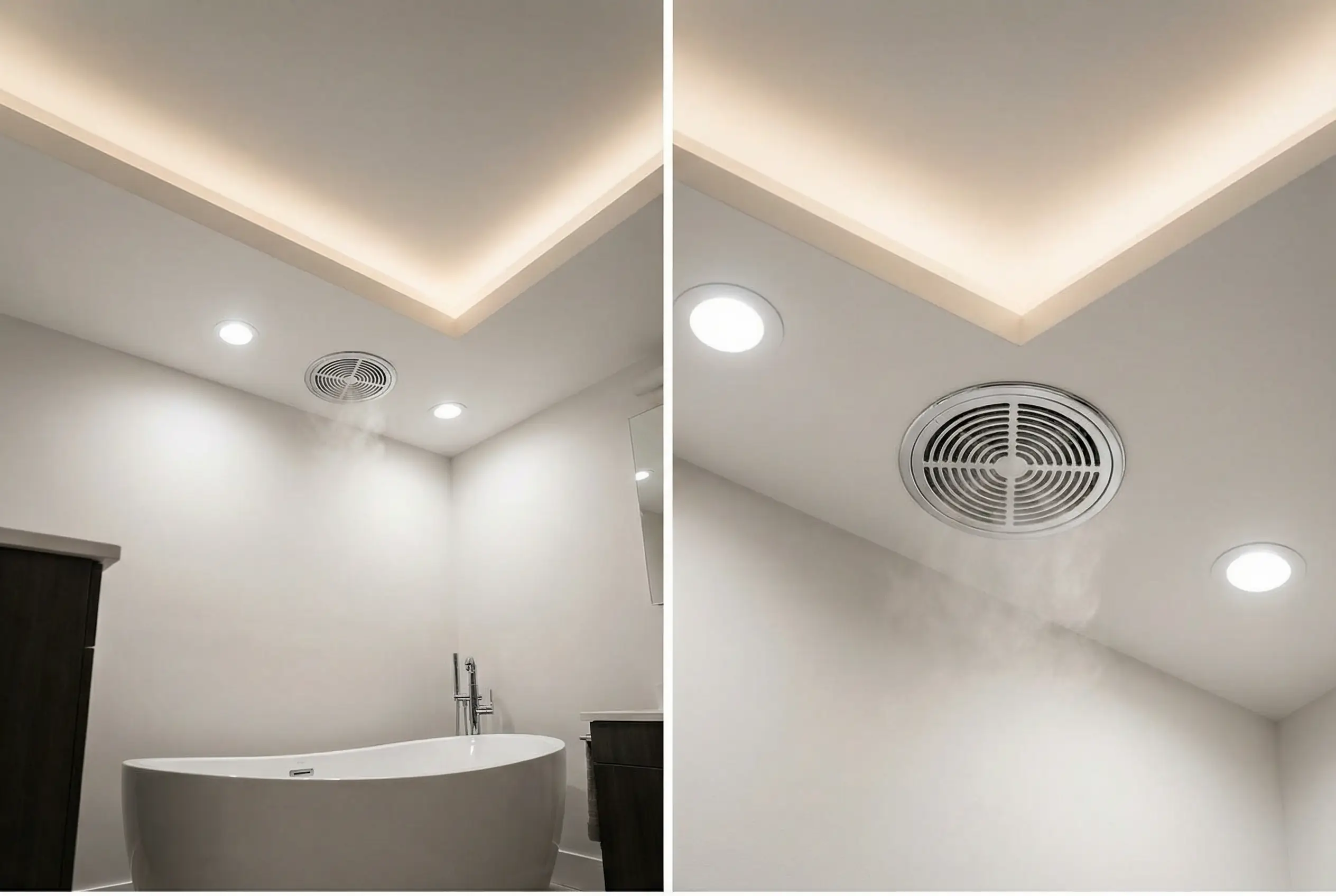 Chrome ceiling-recessed aromatherapy diffuser releasing subtle mist in white bathroom ceiling with LED lighting