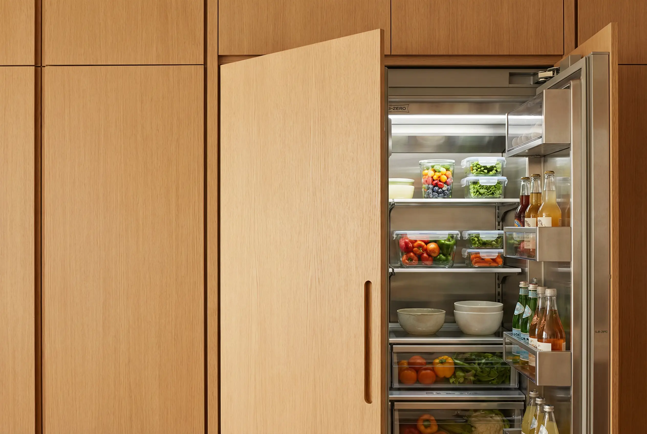 Hidden panel-ready refrigerator behind custom white oak cabinet door open to reveal Sub-Zero interior in Manhattan kitchen