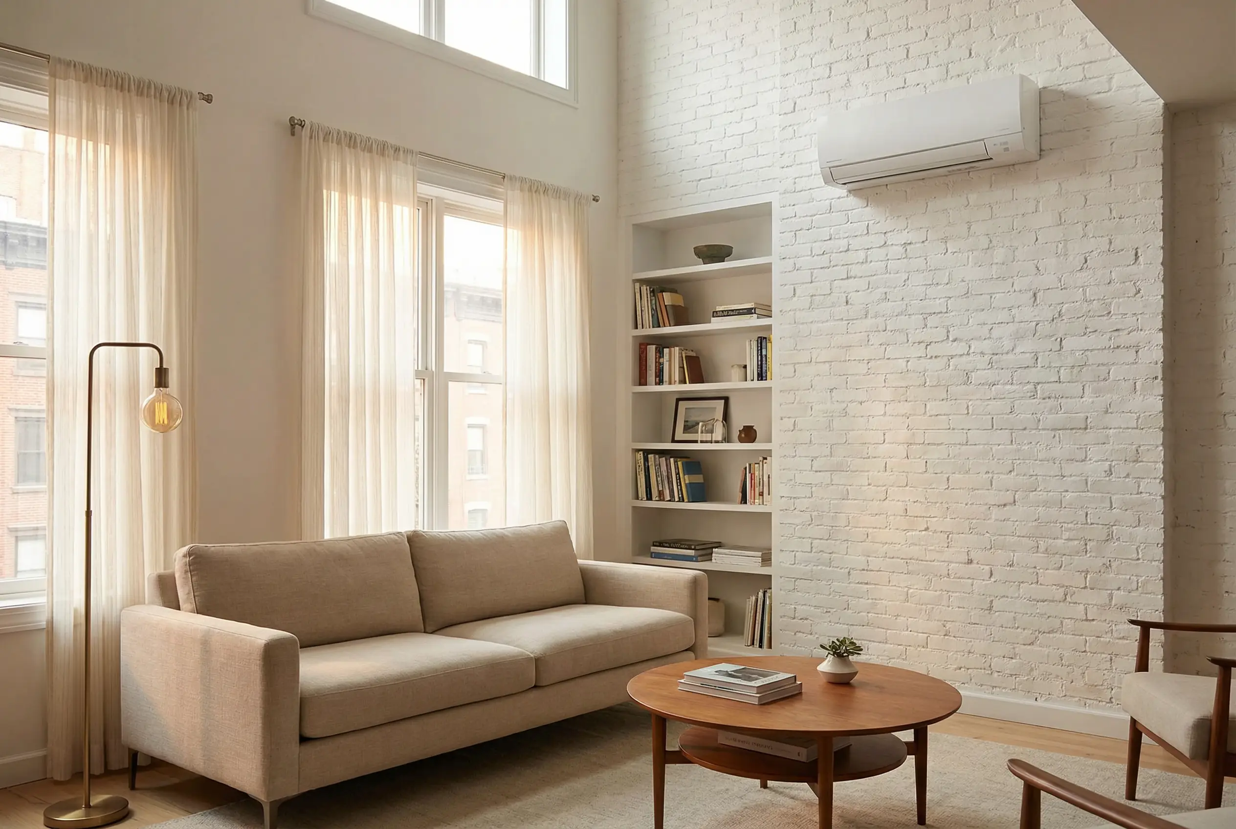 Wall-mounted ductless mini-split heat pump installed in renovated Manhattan townhouse living room