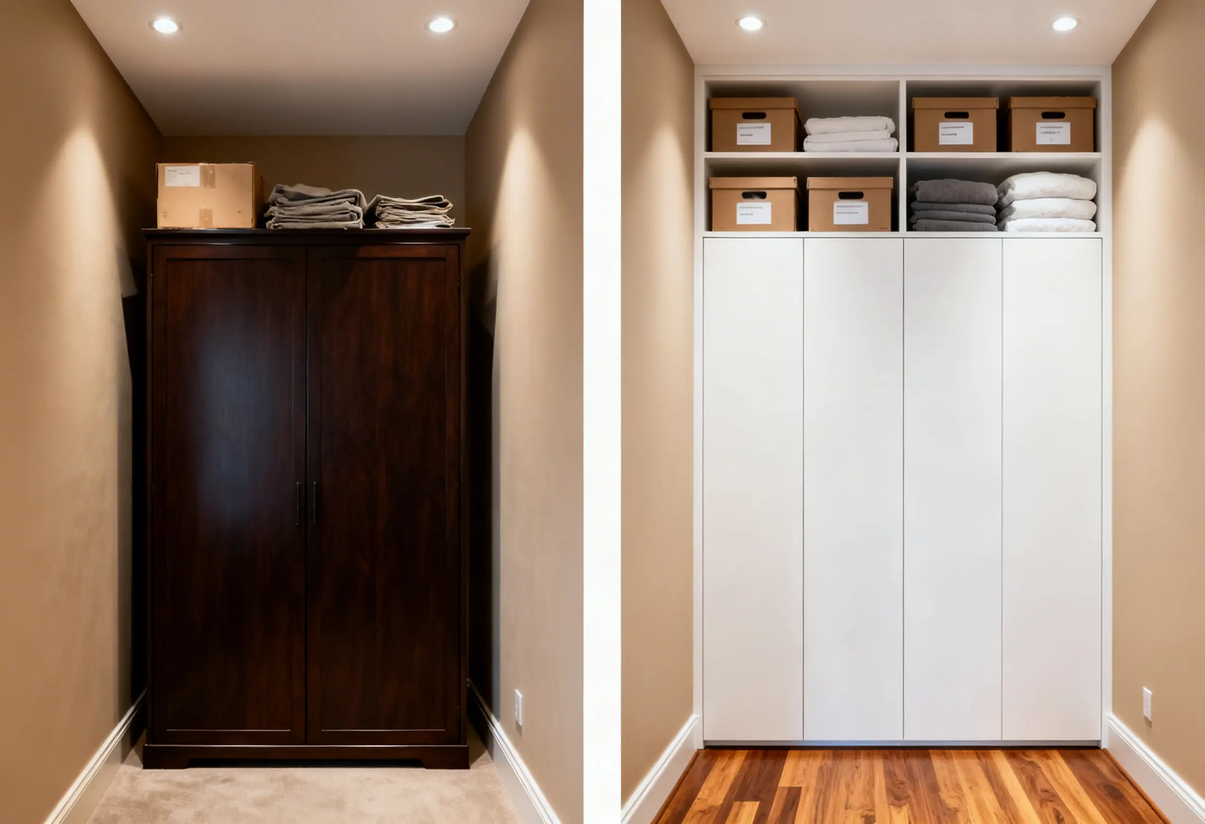 Side by side comparison of standard wardrobe versus floor-to-ceiling custom built-in closet in Manhattan bedroom showing wasted vertical space