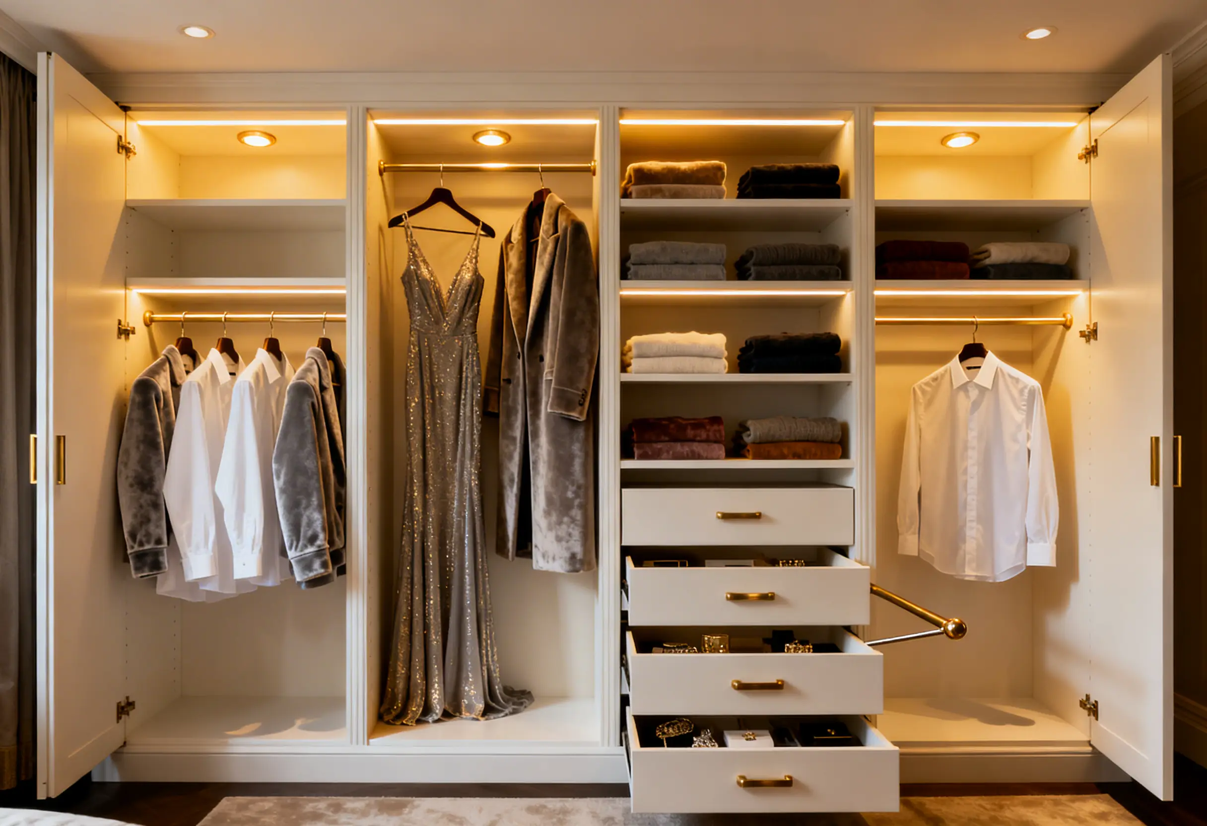 Open floor-to-ceiling custom closet interior with organized hanging sections, adjustable shelving and pull-out drawers in Manhattan bedroom