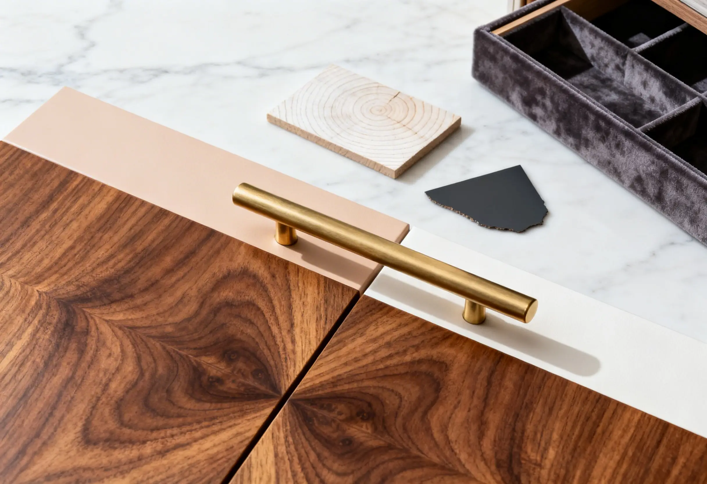 Luxury custom closet material samples including walnut veneer lacquered panels and brushed brass hardware for Manhattan bedroom