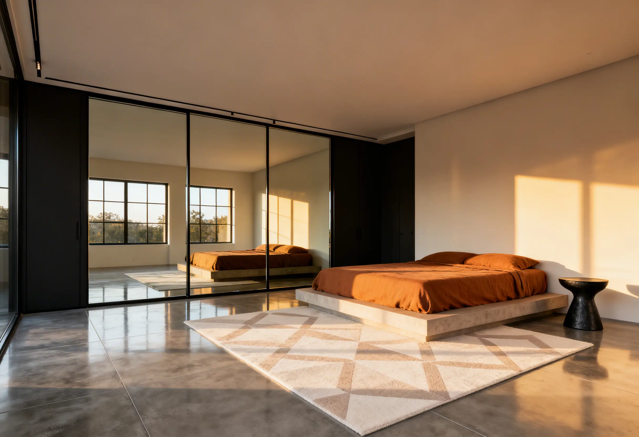 Floor-to-ceiling custom closet with frameless sliding mirrored panels reflecting light in a contemporary Manhattan bedroom