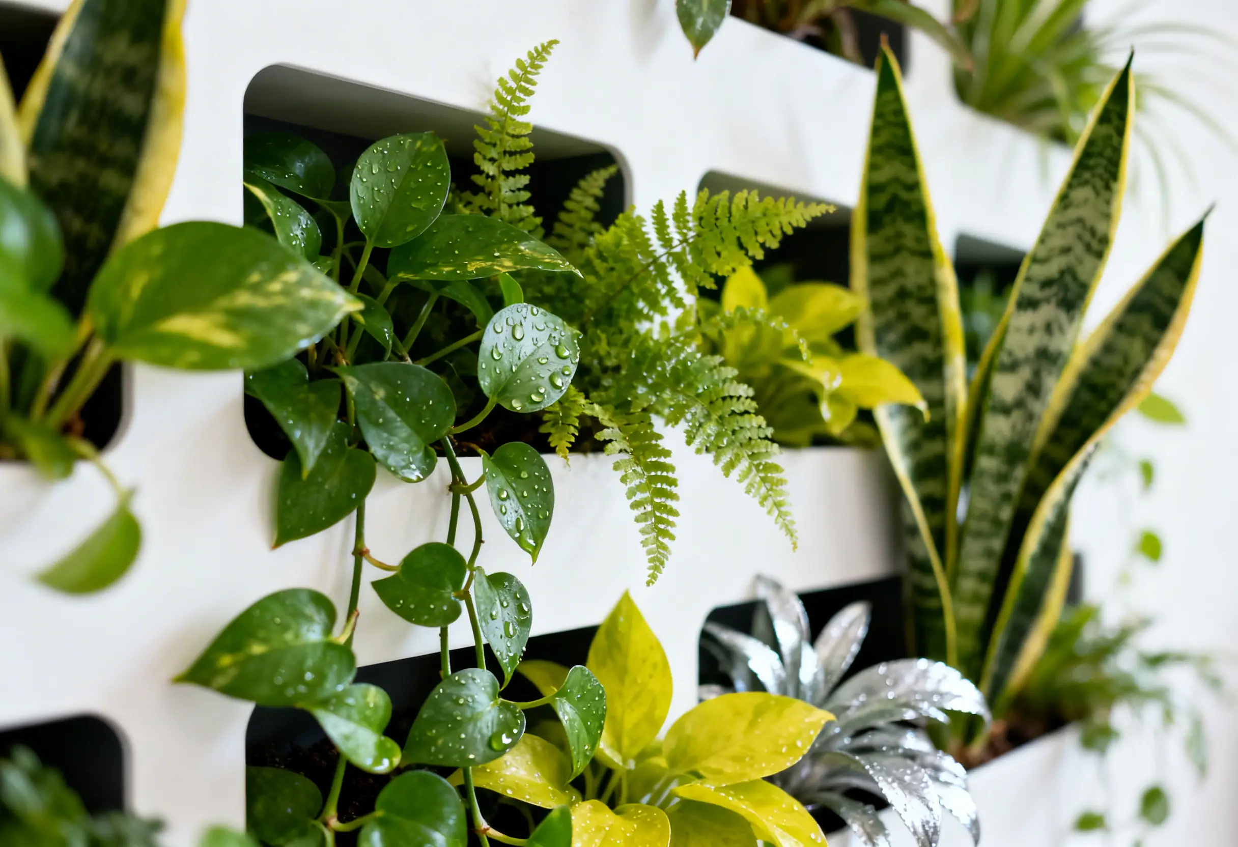 Close-up of modular vertical garden panel with pothos ferns and snake plants on a white apartment wall NYC