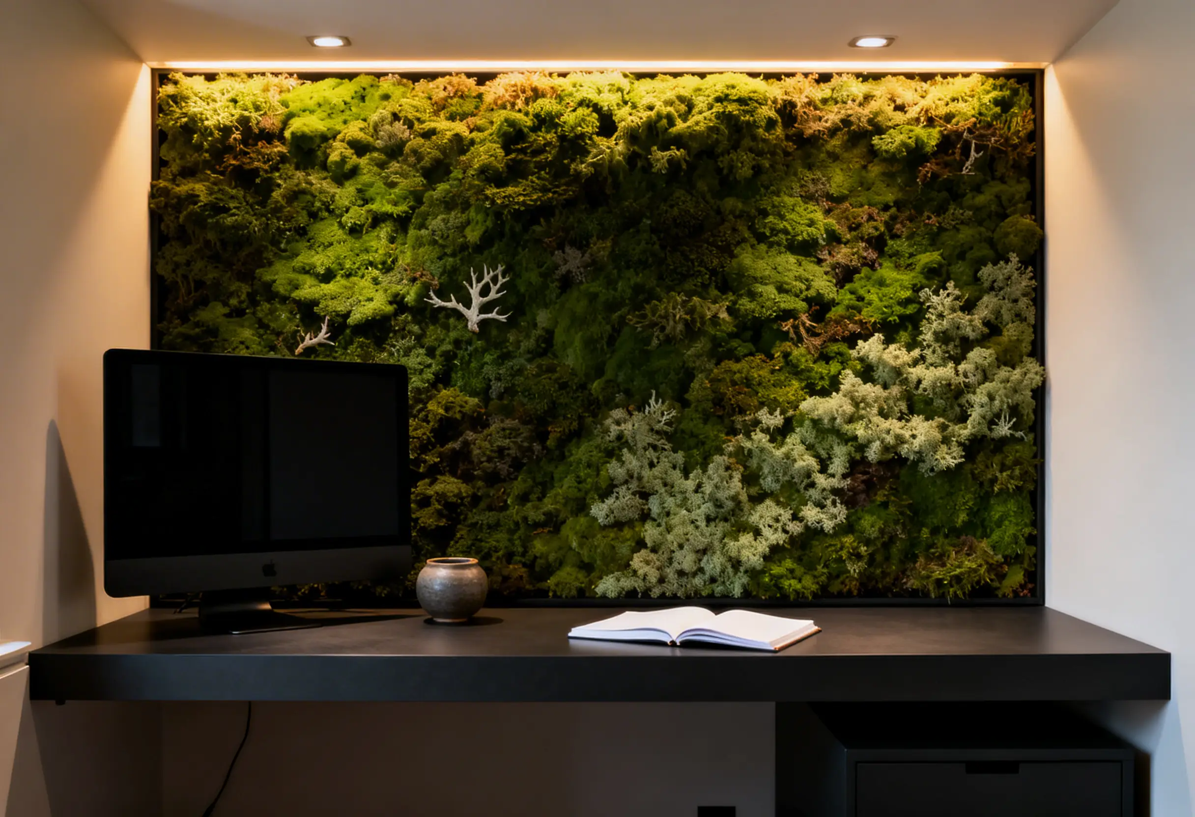 Preserved moss wall installation in a Manhattan apartment home office behind a floating desk