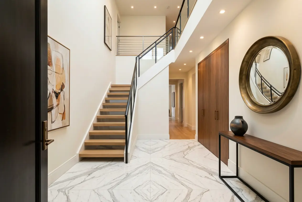 Completed duplex renovation NYC entry foyer Calacatta marble floor floating staircase custom millwork Manhattan