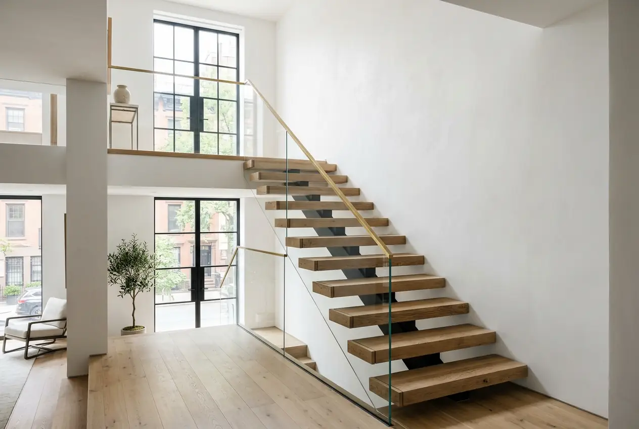 Finished floating staircase luxury duplex Manhattan white oak steel stringer glass railing completed renovation