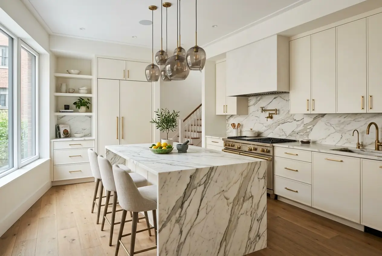 Completed kitchen luxury duplex renovation NYC Calacatta marble island custom cabinetry brushed gold hardware Manhattan