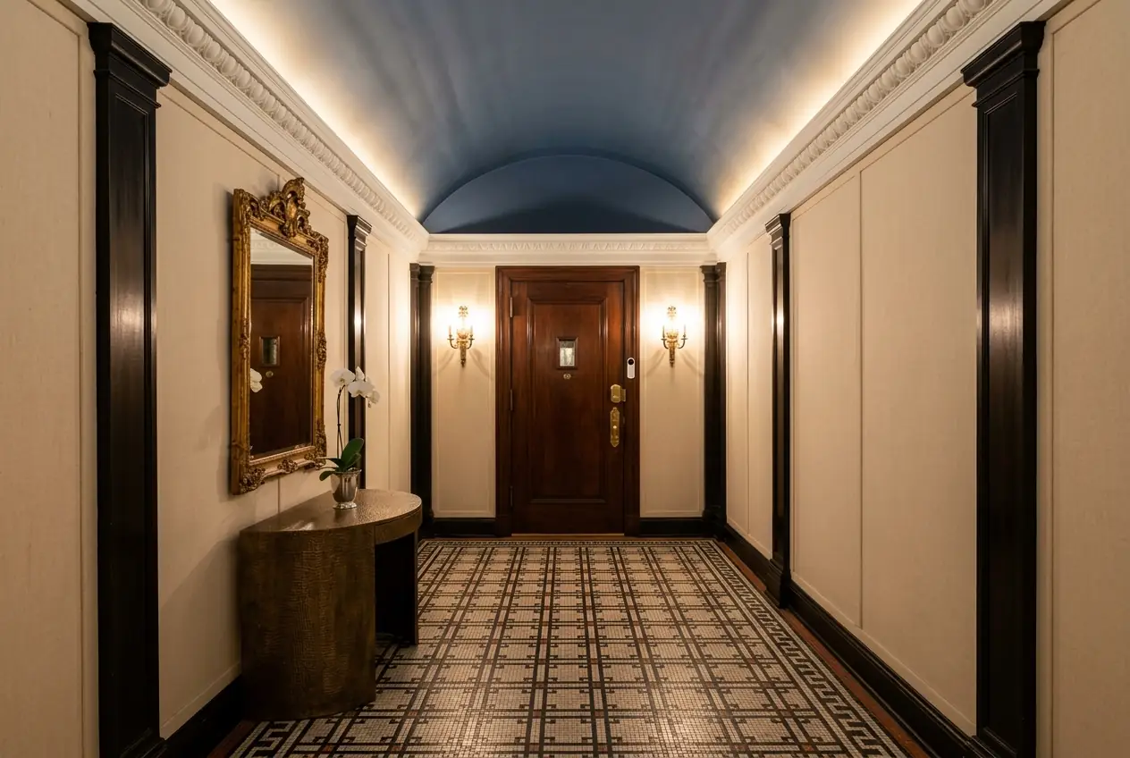 Google Nest Doorbell and August Smart Lock installed in pre-war luxury Manhattan co-op entry gallery no people