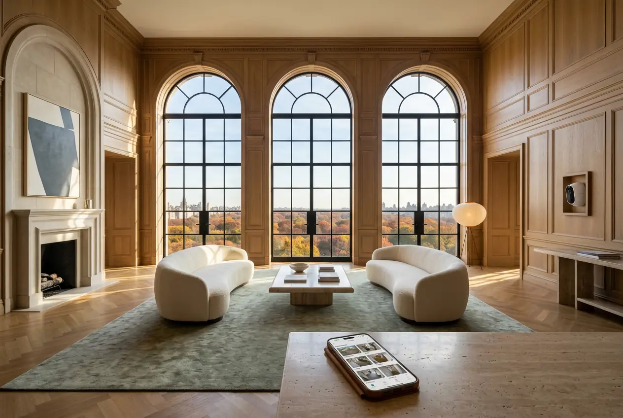 Arlo Pro 5 camera recessed into white oak paneling luxury Manhattan penthouse great room Central Park view