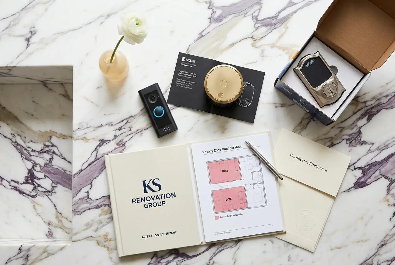 Ring doorbell August smart lock brushed gold and co-op board alteration documents flat lay Paonazzo marble kitchen