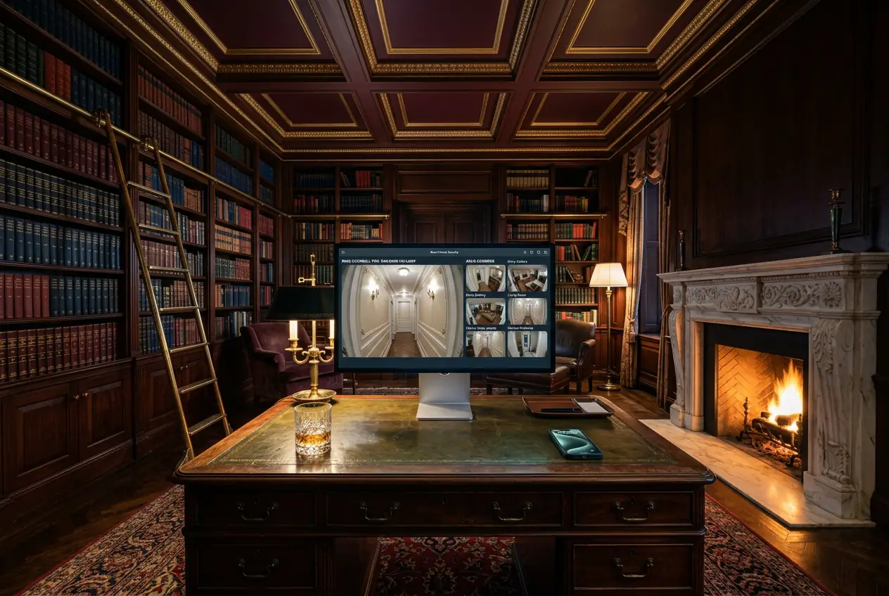 Apple Studio Display showing Ring and Arlo smart security dashboard in Fifth Avenue co-op mahogany library fireplace
