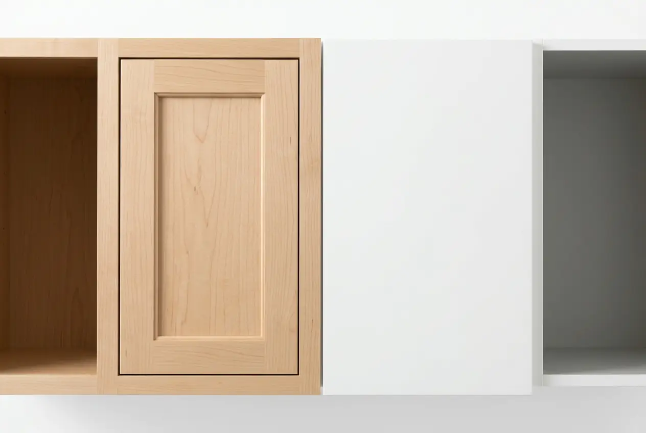 Close-up comparison of American face-frame cabinet construction versus European frameless cabinet construction showing door alignment and interior access.