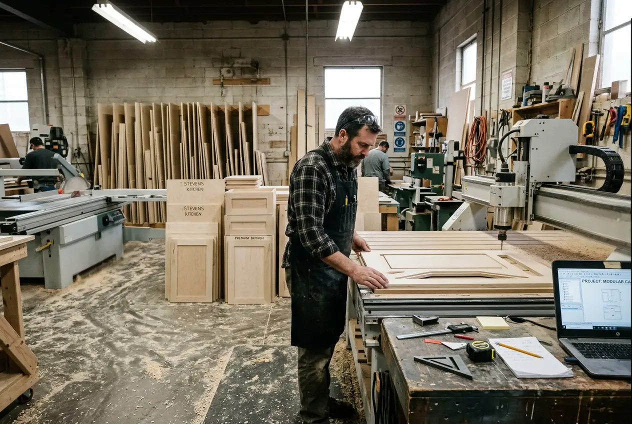 Craftsman inspecting custom cabinet panel at in-house millwork production facility for Manhattan luxury kitchen renovation.