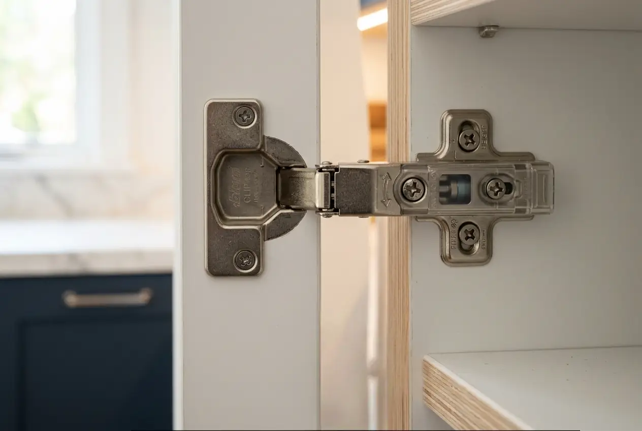 Macro close-up of Blum concealed soft-close hinge mounted inside European frameless kitchen cabinet showing six-way adjustment mechanism.