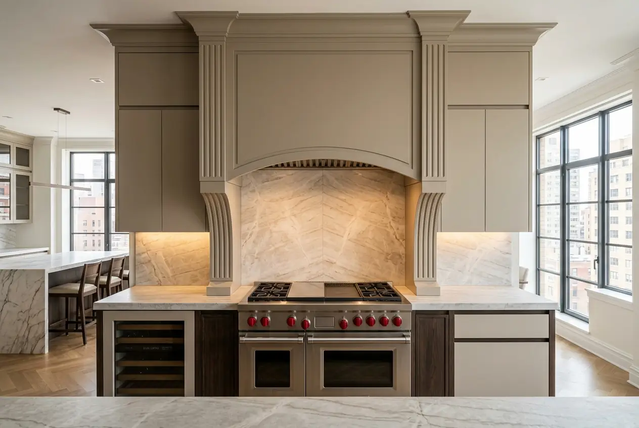 Custom white oak fluted hood surround with European frameless cabinets and Wolf range in Manhattan luxury kitchen renovation.
