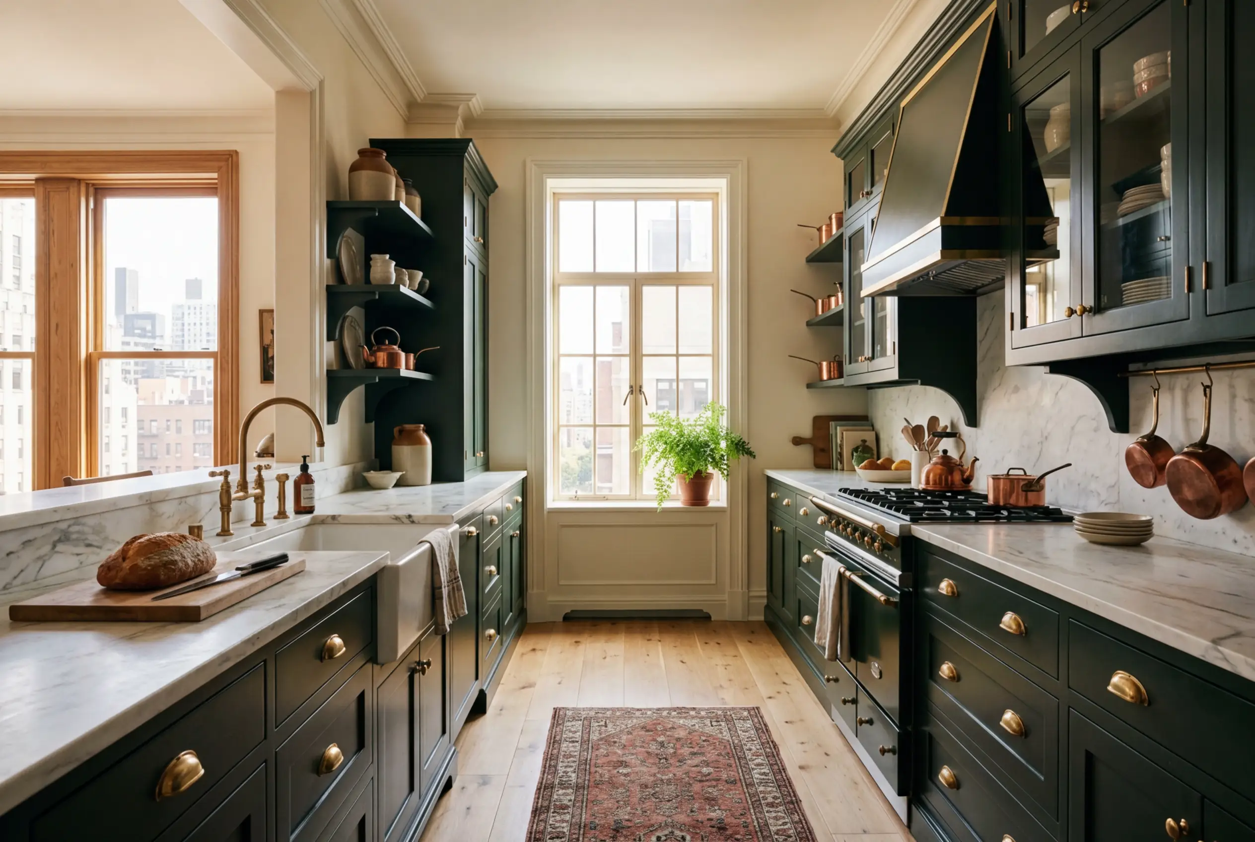 American face-frame kitchen cabinets with inset doors in deep green finish and unlacquered brass hardware in pre-war Manhattan luxury co-op kitchen renovation.