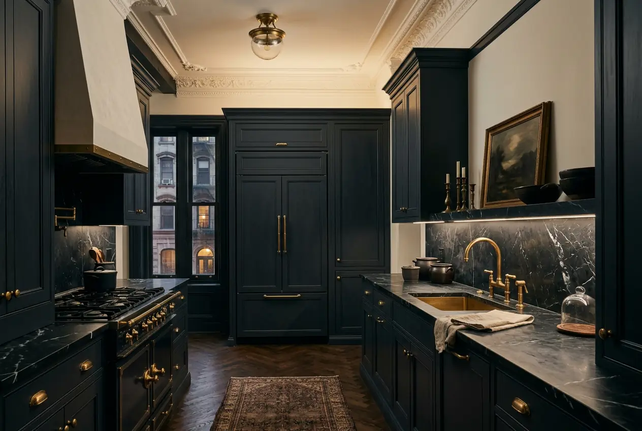 Finished luxury pre-war Manhattan kitchen with dark custom cabinetry, marble countertops, and integrated appliances