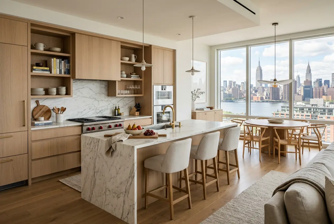 Open-plan luxury Manhattan kitchen with white oak cabinetry, marble island, and floor-to-ceiling city views