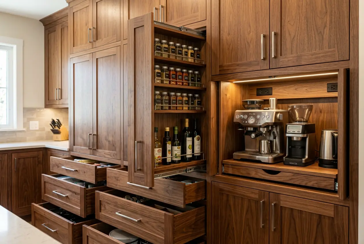 Custom walnut millwork kitchen pantry wall with integrated drawers and appliance storage in Manhattan apartment