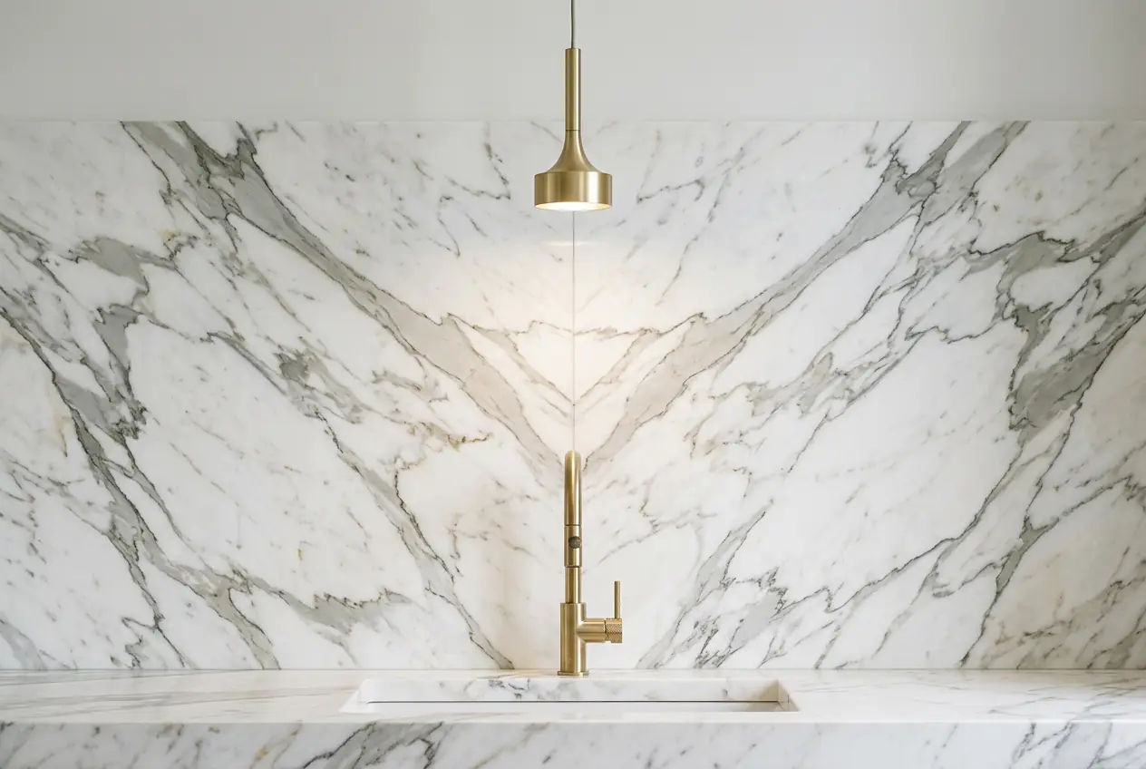 Book-matched Calacatta marble kitchen backsplash and countertop in a Manhattan luxury renovation