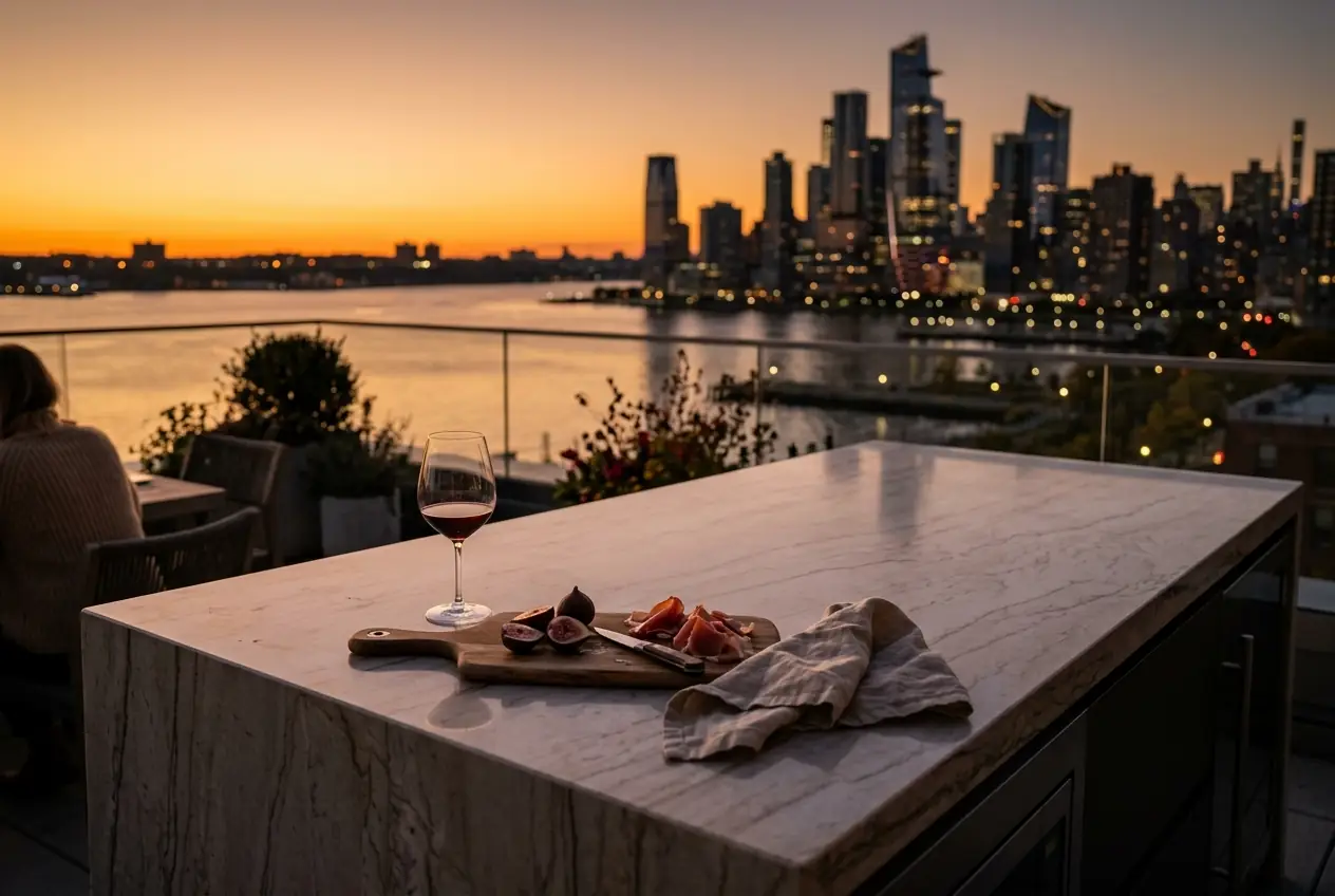  manhattan rooftop terrace kitchen island at dusk with hudson river view