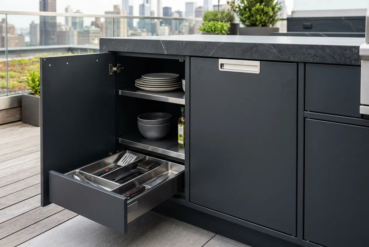 custom outdoor kitchen cabinetry powder coated aluminum manhattan rooftop