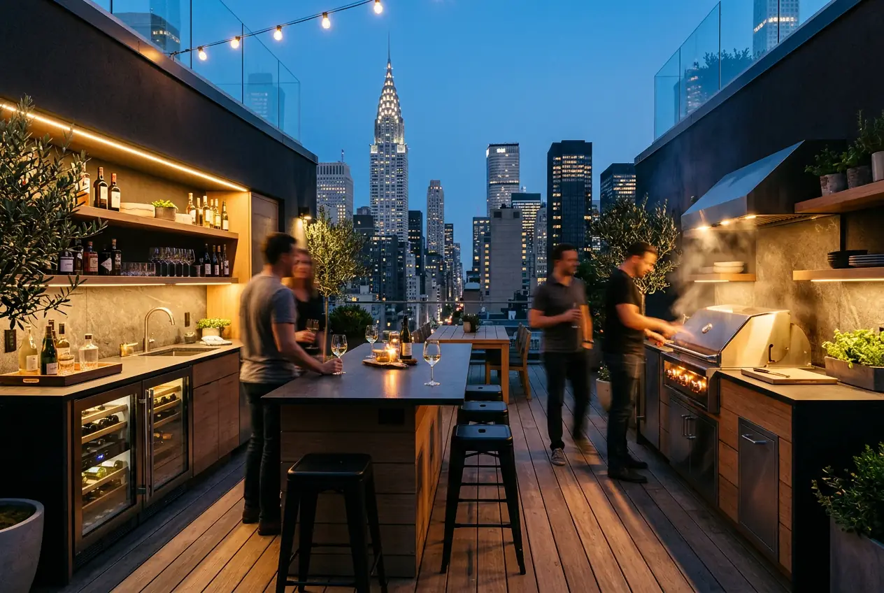 l-shaped rooftop kitchen manhattan entertaining layout bar guests