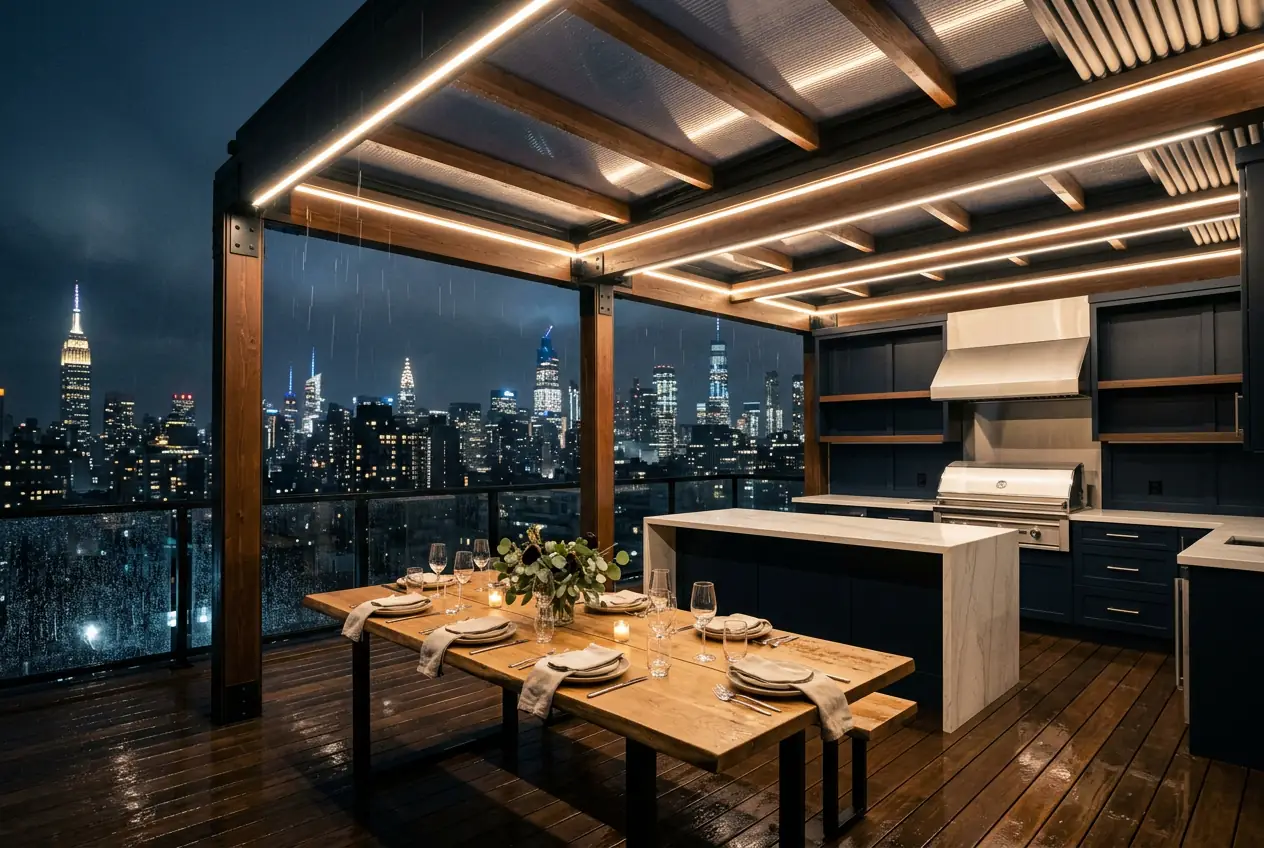 covered rooftop kitchen pavilion manhattan penthouse night skyline
