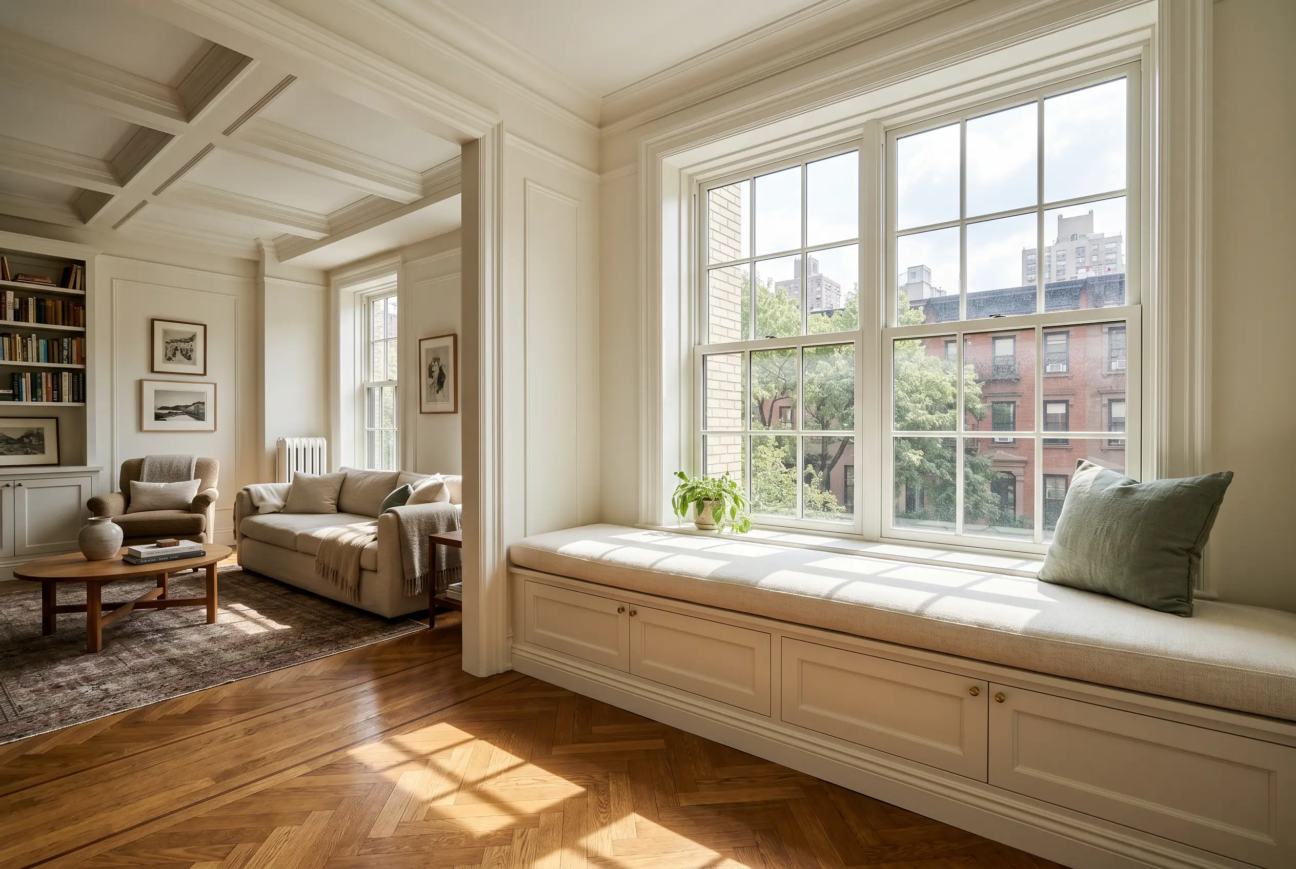 custom built-in window seat storage manhattan pre-war living room
