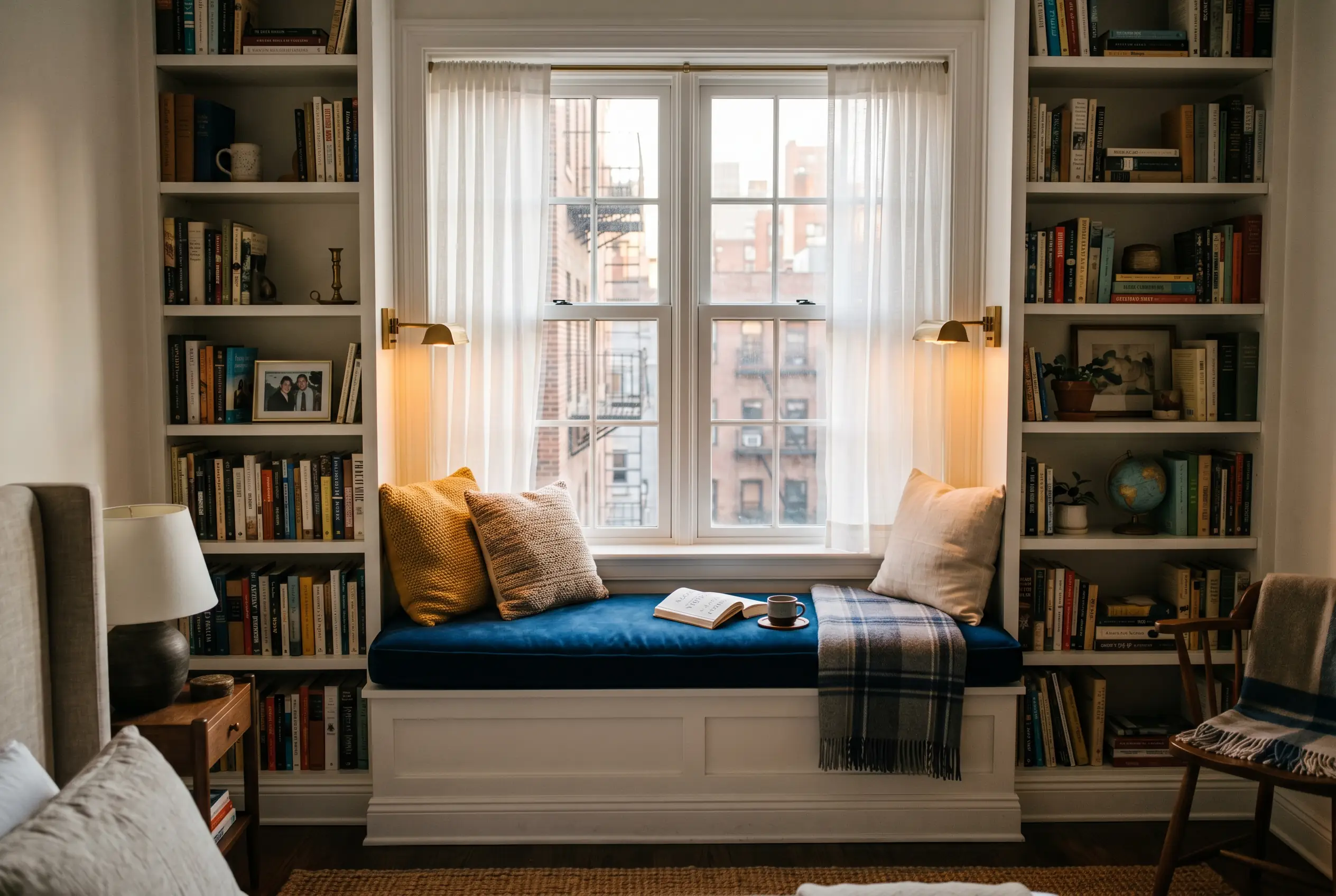 window seat reading nook built-in bookshelves manhattan bedroom
