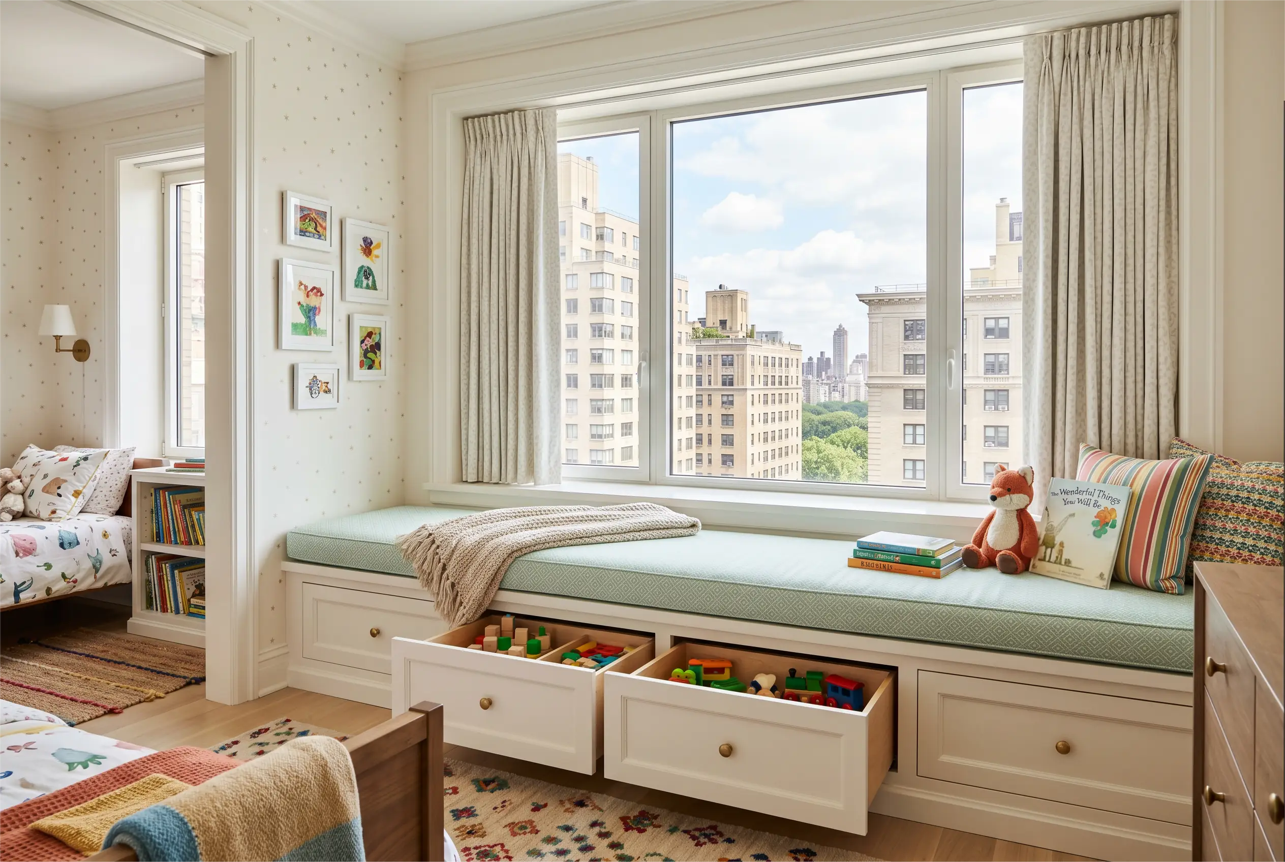 children's bedroom window seat with drawer storage custom millwork nyc