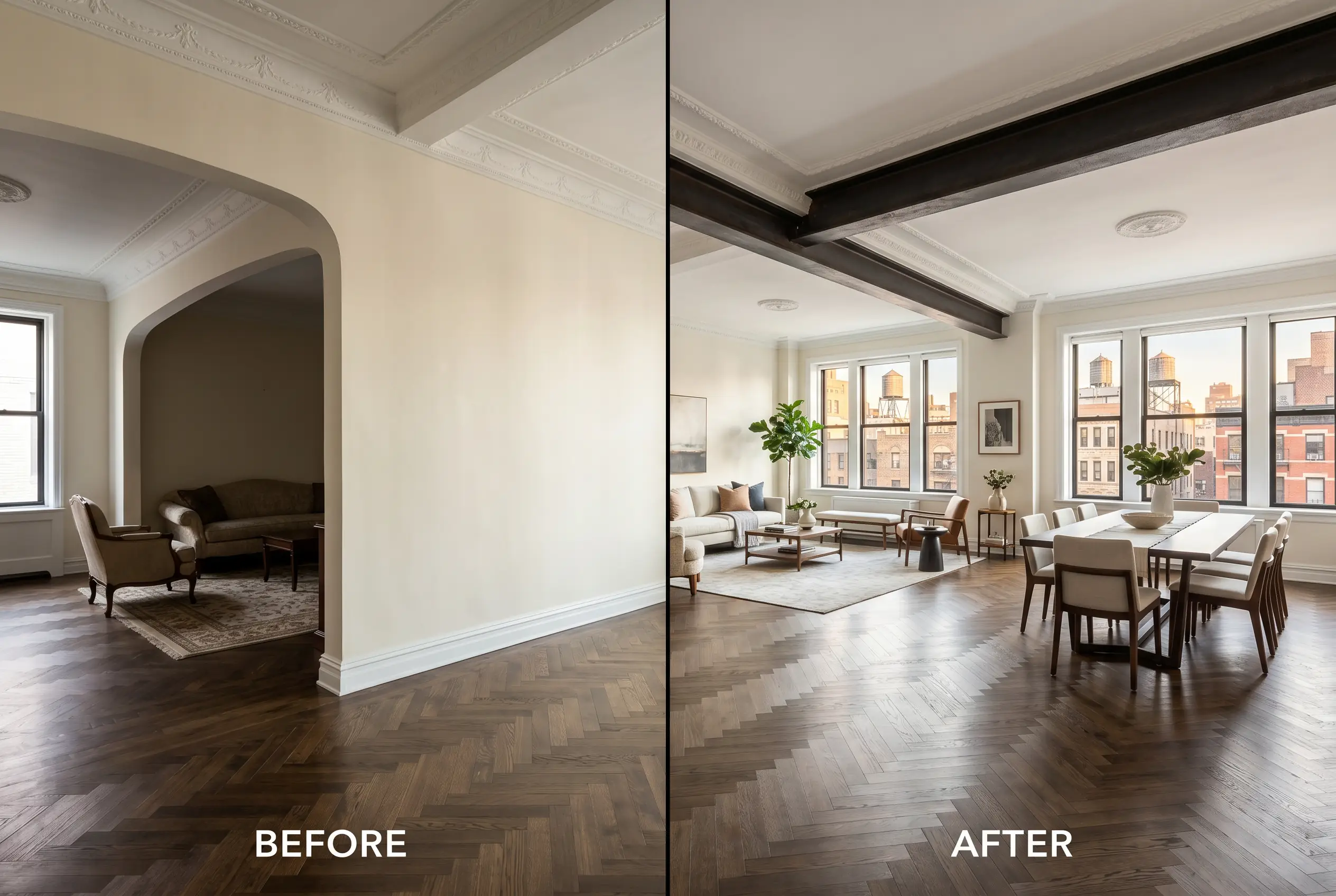 open concept pre-war manhattan apartment load-bearing wall removed before after