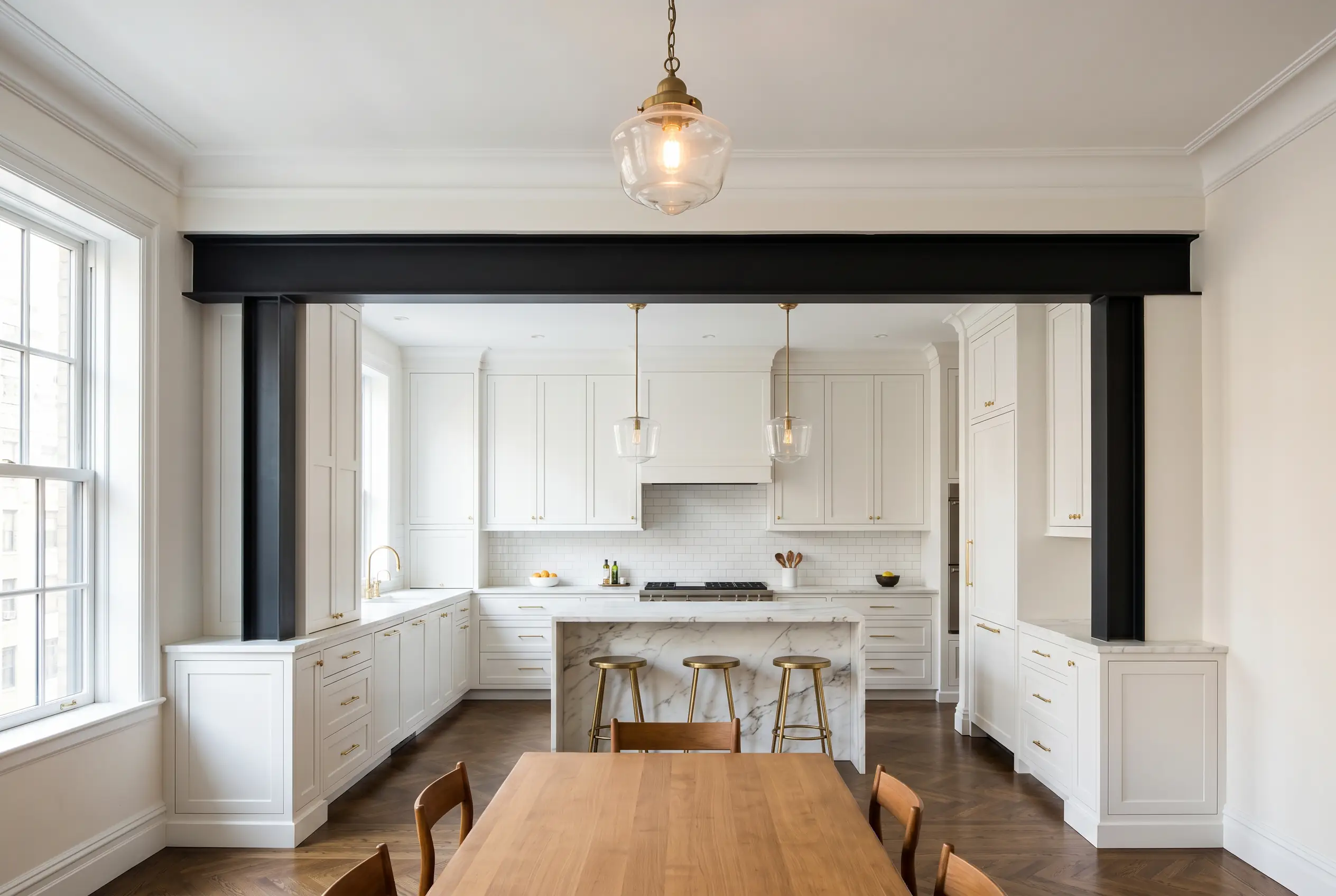 steel beam flush ceiling pre-war manhattan apartment kitchen renovation structural