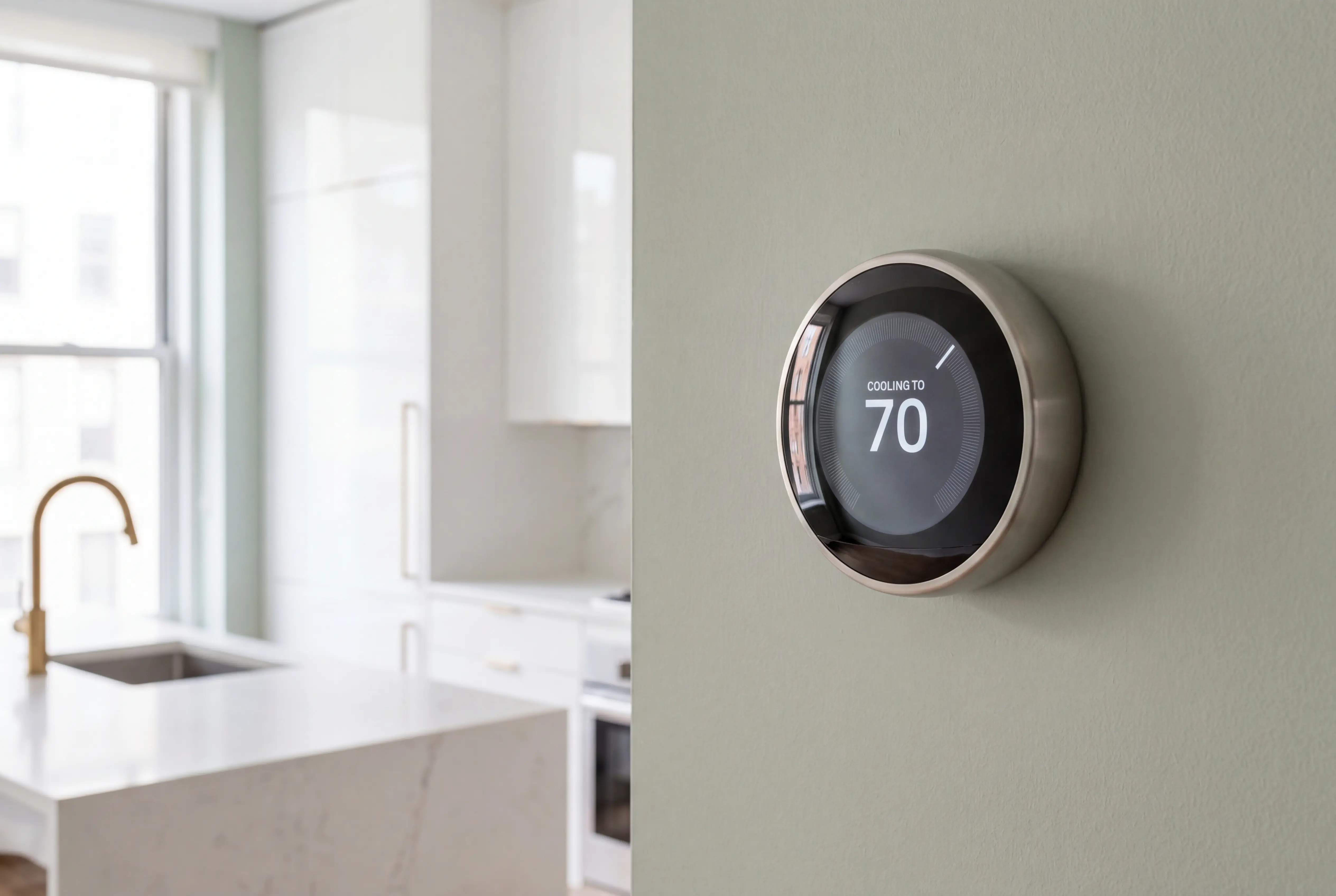 google nest smart thermostat white kitchen manhattan luxury apartment quartz countertop