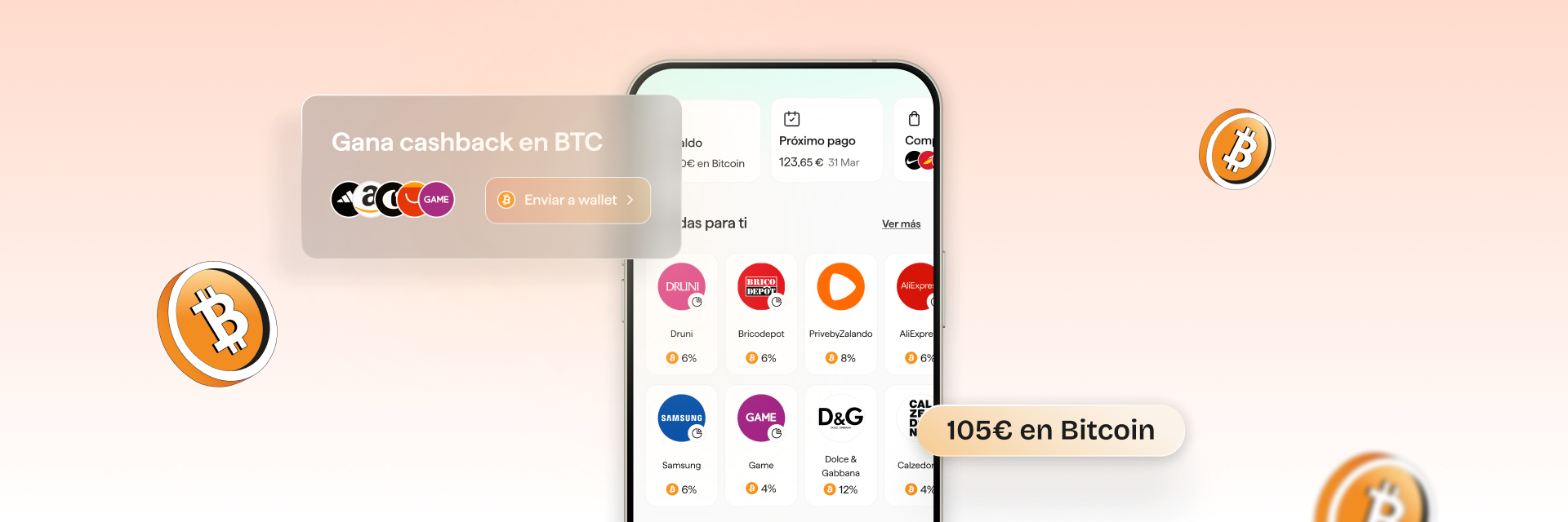 App de seQura mostrando cashback en Bitcoin con marcas como Samsung, Game y AliExpress, con opción de enviar BTC a wallet