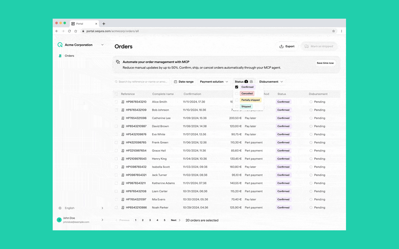 Envio em massa — pedidos enviados com sucesso