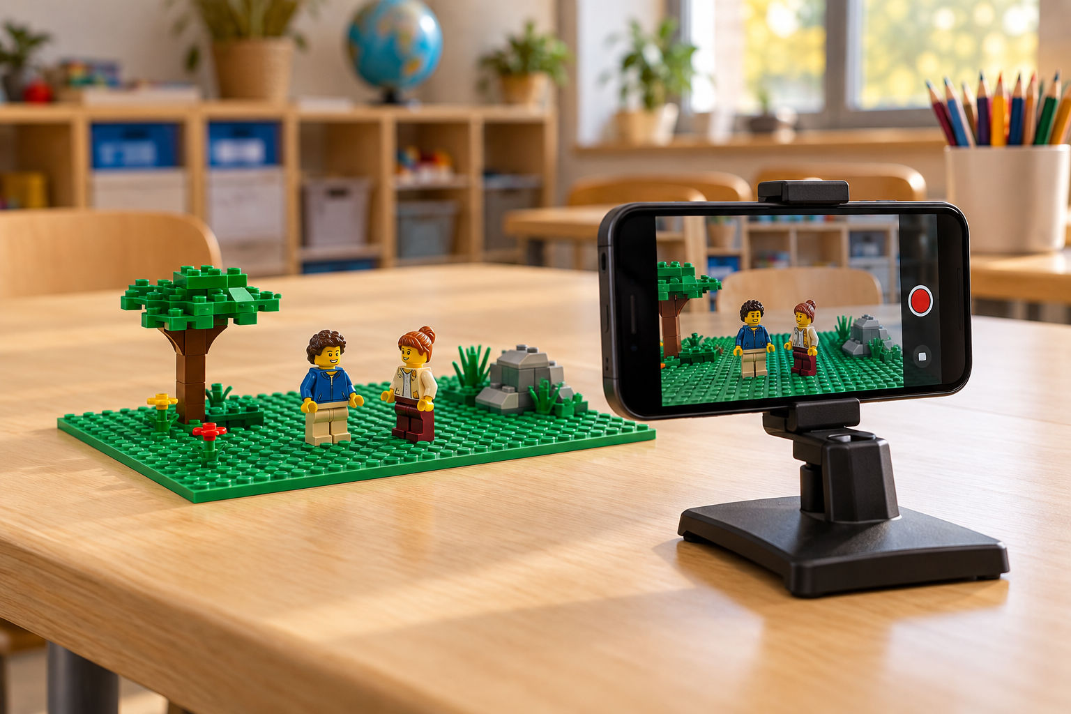 LEGO minifigures and phone set up to film a stop-motion story