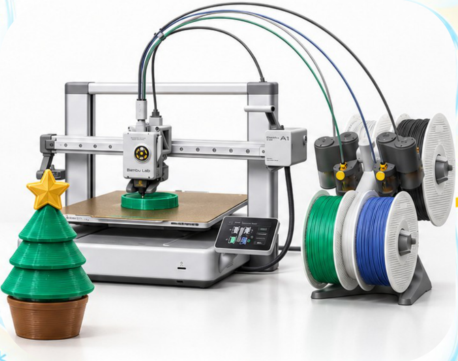 Christmas tree clicker and 3D printer project illustration
