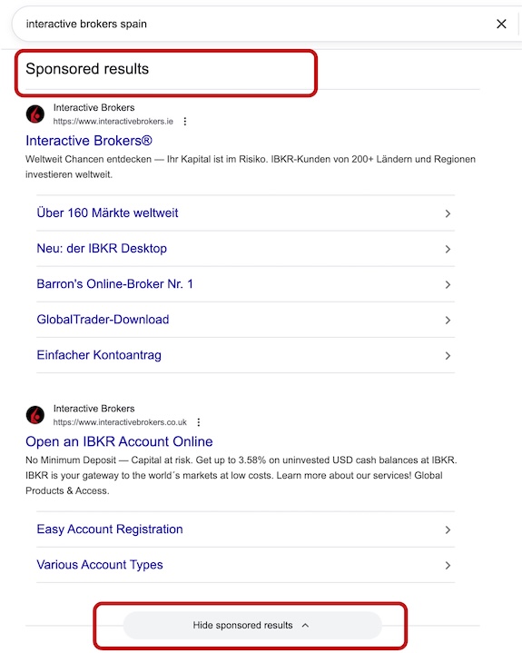 Google search result page with an option to hide sponsored results.