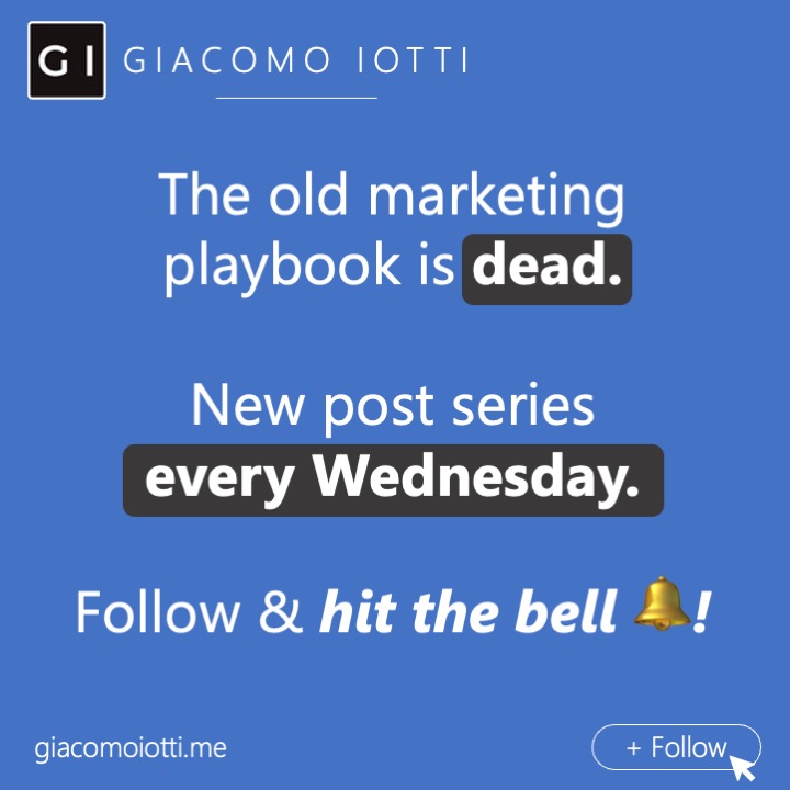 Blue background with text: "The old marketing playbook is dead. New post series every Wednesday. Follow & hit the bell!" Icon and URL included.