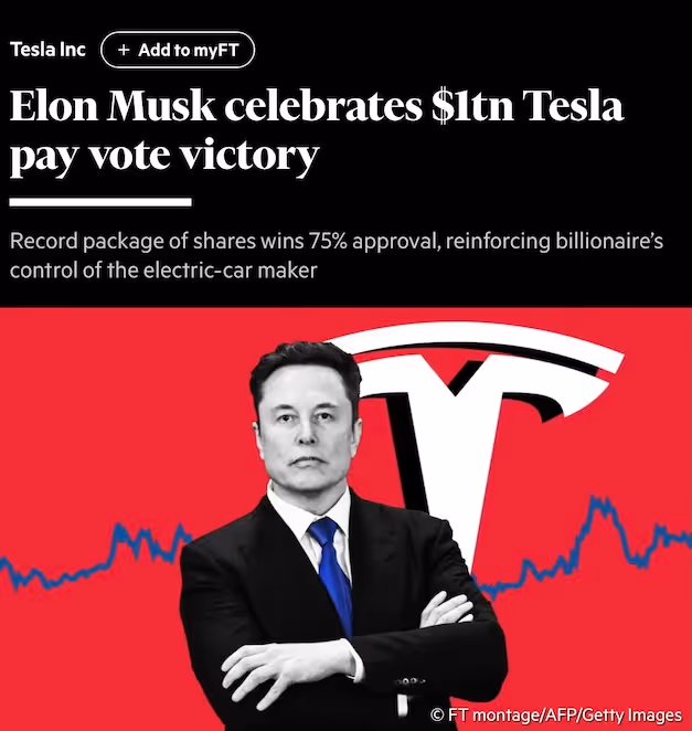 Man in suit with arms crossed, Tesla logo in background, on-image text about pay vote victory.