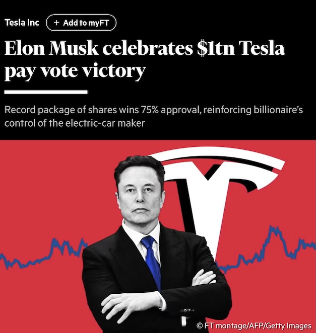 Man in suit with arms crossed, Tesla logo in background, on-image text about pay vote victory.